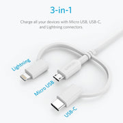 ANKER 3 in 1 8 Pin + Micro USB + USB-C / Type-C Interface MFI Certificated Data Cable(White)