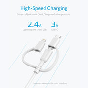 ANKER 3 in 1 8 Pin + Micro USB + USB-C / Type-C Interface MFI Certificated Data Cable(White)