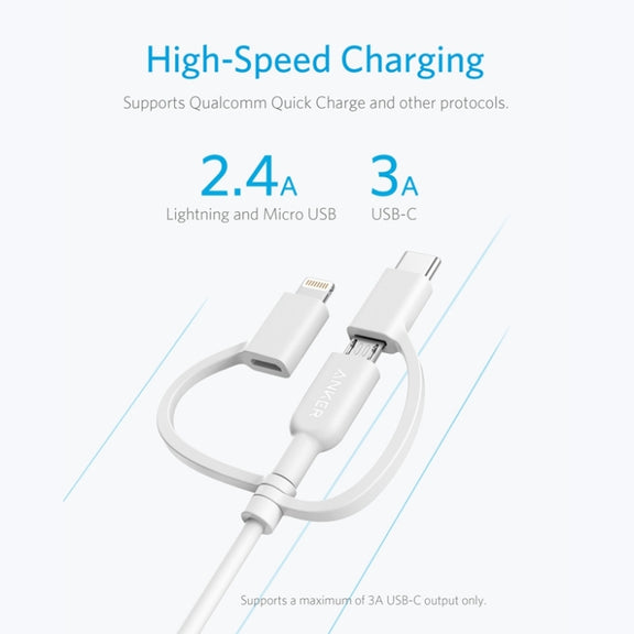 ANKER 3 in 1 8 Pin + Micro USB + USB-C / Type-C Interface MFI Certificated Data Cable(White)