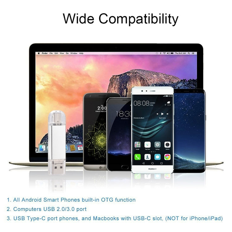 16GB 3 in 1 USB-C / Type-C + USB 2.0 + OTG Flash Disk, For Type-C Smartphones & PC Computer(Silver)