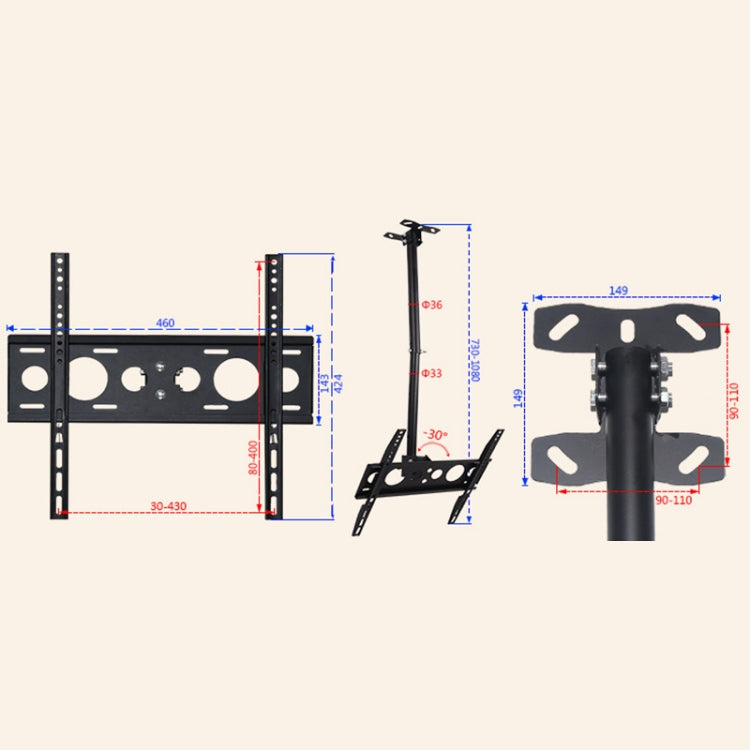 32-65 inch Universal Height & Angle Adjustable Single Screen TV Wall-mounted Ceiling Dual-use Bracket, Retractable Range: 0.5-2m