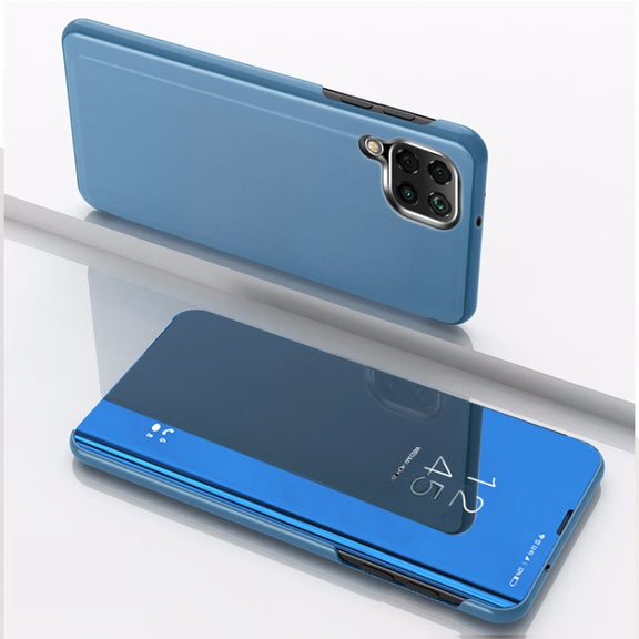 For Samsung Galaxy A12 Plated Mirror Horizontal Flip Leather Case with Holder(Blue)