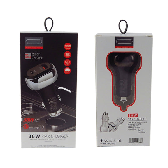 YSY-312PD QC3.0 18W USB + PD 20W USB-C / Type-C Car Charger with Type-C to 8 Pin Data Cable(Black)