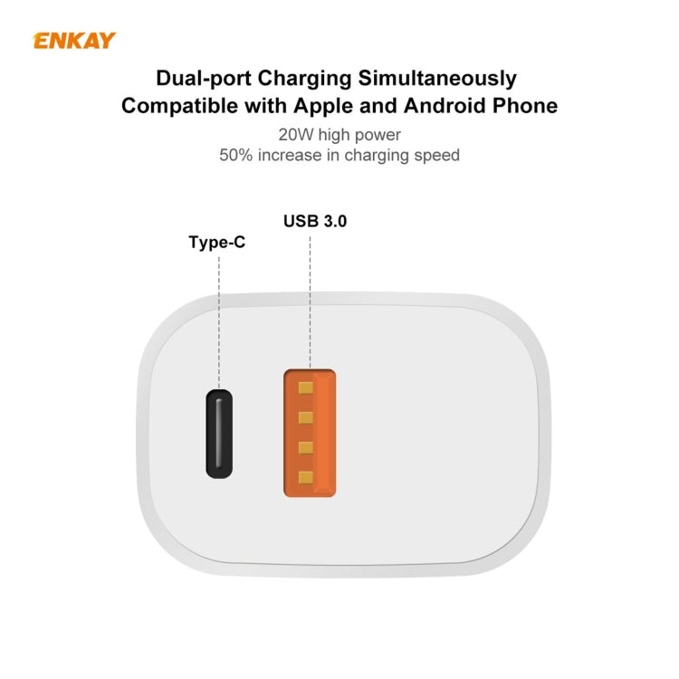ENKAY Hat-Prince 20W PD Type-C + QC 3.0 USB Fast Charging Travel Charger Power Adapter with Fast Charge Data Cable, US Plug(With Type-C Cable)