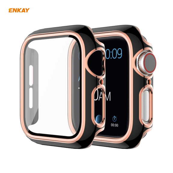 ENKAY Hat-Prince Full Coverage Electroplated PC Case + Tempered Glass Protector for Apple Watch Series 6 / 5 / 4 / SE 40mm(Black+Champagne)