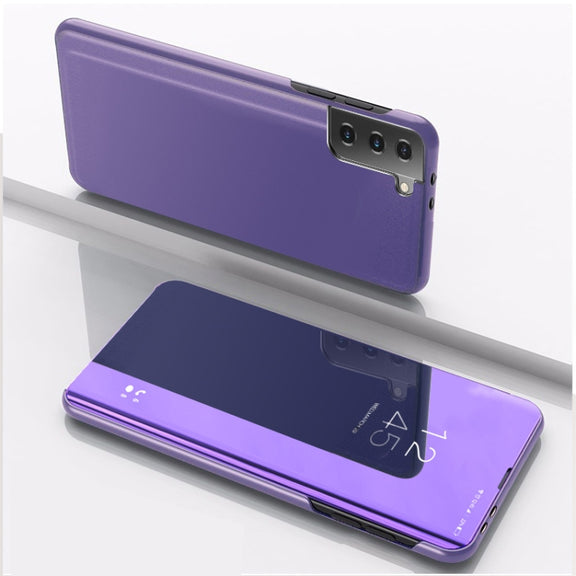 For Samsung Galaxy S21 FE Plated Mirror Horizontal Flip Leather Case with Holder(Purple Blue)