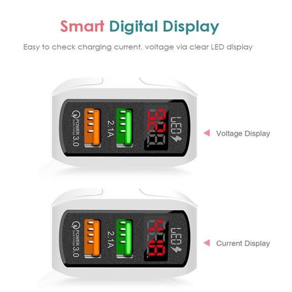 F002C QC3.0 USB + USB 2.0 LED Digital Display Fast Charger with USB to 8 Pin Data Cable, EU Plug(Black)
