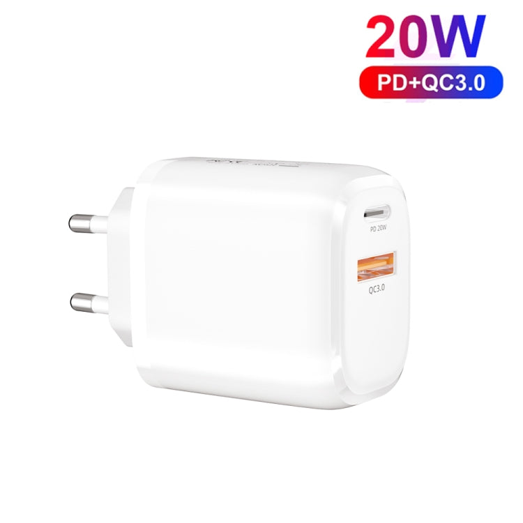 CS-20W Mini Portable PD3.0 + QC3.0 Dual Ports Fast Charger with 3A USB to 8 Pin Data Cable(EU Plug)