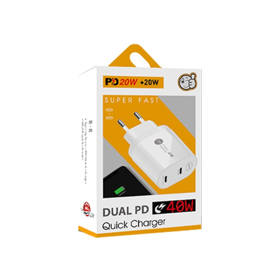 002 40W Dual Port PD / Type-C Fast Charger with USB-C to 8 Pin Data Cable, EU Plug(White)