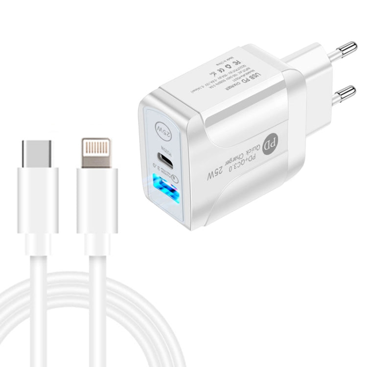 PD25W USB-C / Type-C + QC3.0 USB Dual Ports Fast Charger with USB-C to 8 Pin Data Cable, EU Plug(White)