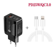 PD25W USB-C / Type-C + QC3.0 USB Dual Ports Fast Charger with USB-C to 8 Pin Data Cable, EU Plug(White)