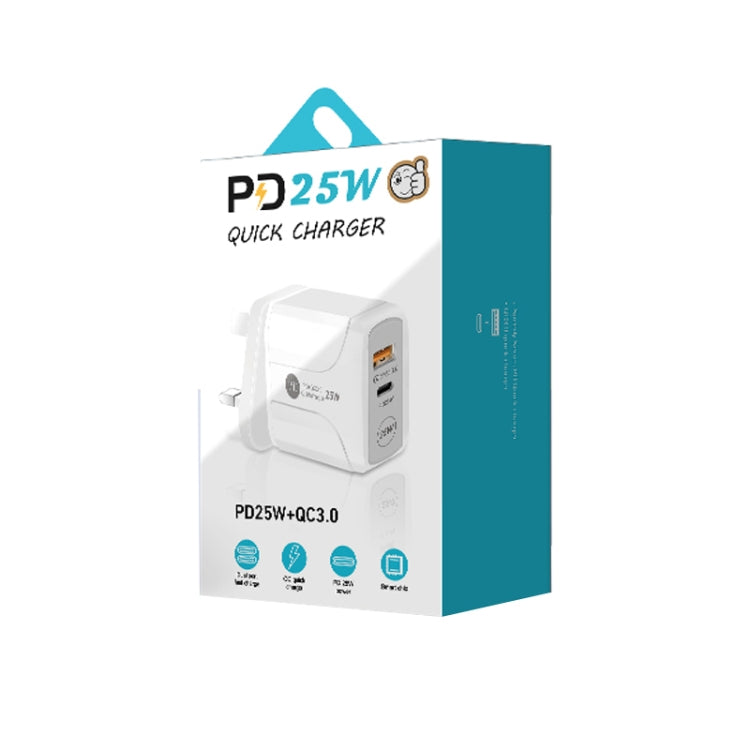 PD25W USB-C / Type-C + QC3.0 USB Dual Ports Fast Charger with USB-C to 8 Pin Data Cable, UK Plug(Black)
