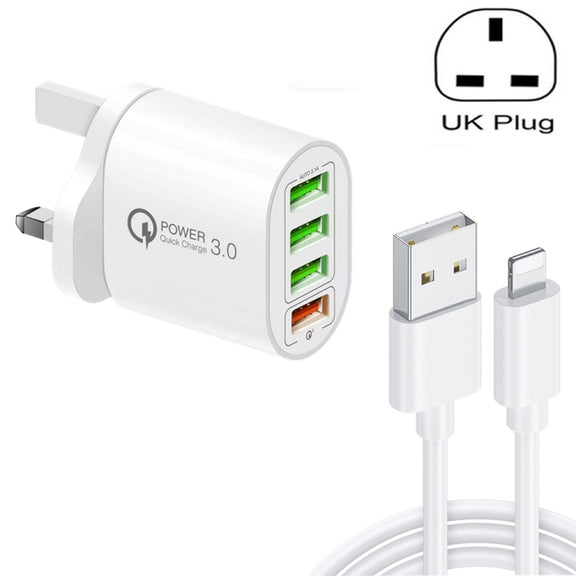 QC-04 QC3.0 + 3 x USB2.0 Multi-ports Charger with 3A USB to 8 Pin Data Cable, UK Plug(White)