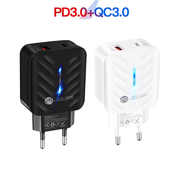 PD03 20W PD3.0 + QC3.0 USB Charger with USB to 8 Pin Data Cable, EU Plug(Black)
