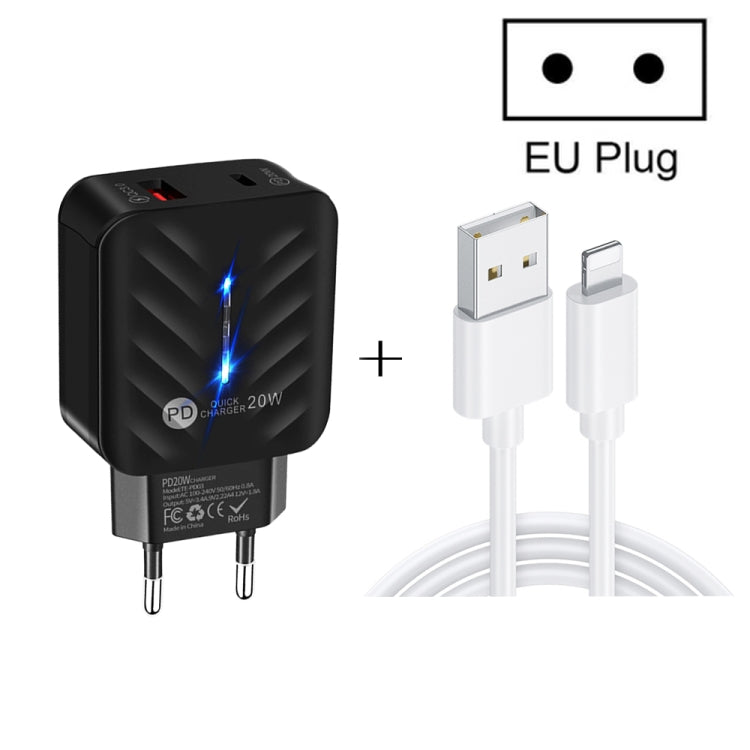 PD03 20W PD3.0 + QC3.0 USB Charger with USB to 8 Pin Data Cable, EU Plug(White)