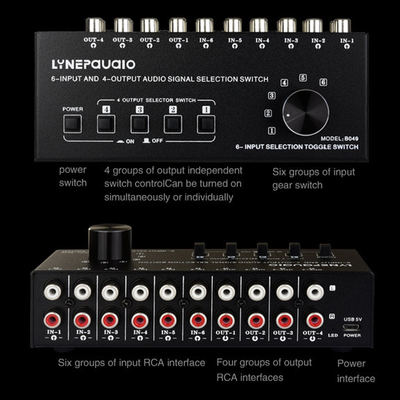 6 In 4 Out RCA Audio Switcher Signal Selector Distribute Device Switch Control