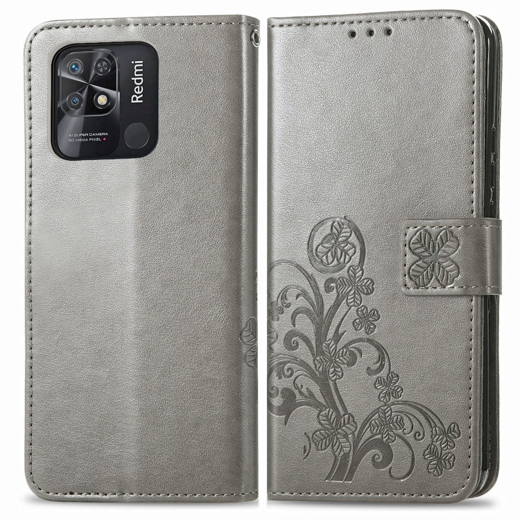 For Xiaomi Redmi 10C Four-leaf Clasp Embossed Buckle Leather Phone Case(Gray)