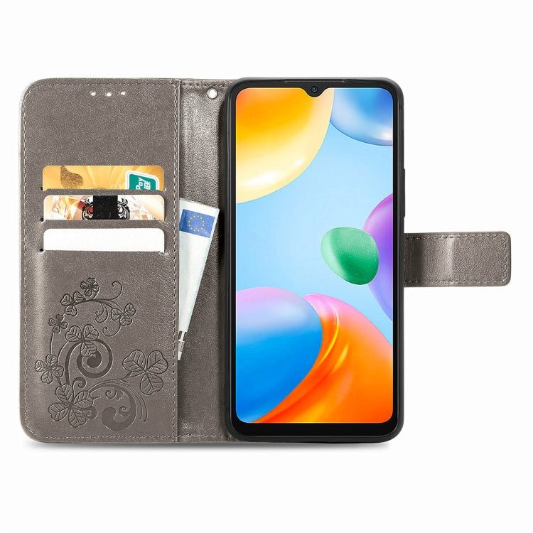 For Xiaomi Redmi 10C Four-leaf Clasp Embossed Buckle Leather Phone Case(Gray)