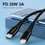 ENKAY PD 20W 3A USB-C / Type-C to 8 Pin Fast Charging Nylon Braided Data Cable, Length:1m(Black)