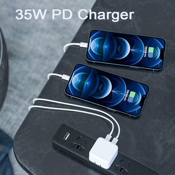 PD 35W Dual USB-C / Type-C Ports Charger with 1m Type-C to 8 Pin Data Cable, EU Plug