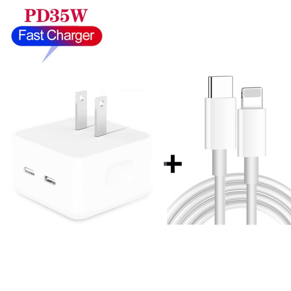 PD 35W Dual USB-C / Type-C Ports Charger with 1m Type-C to 8 Pin Data Cable, US Plug