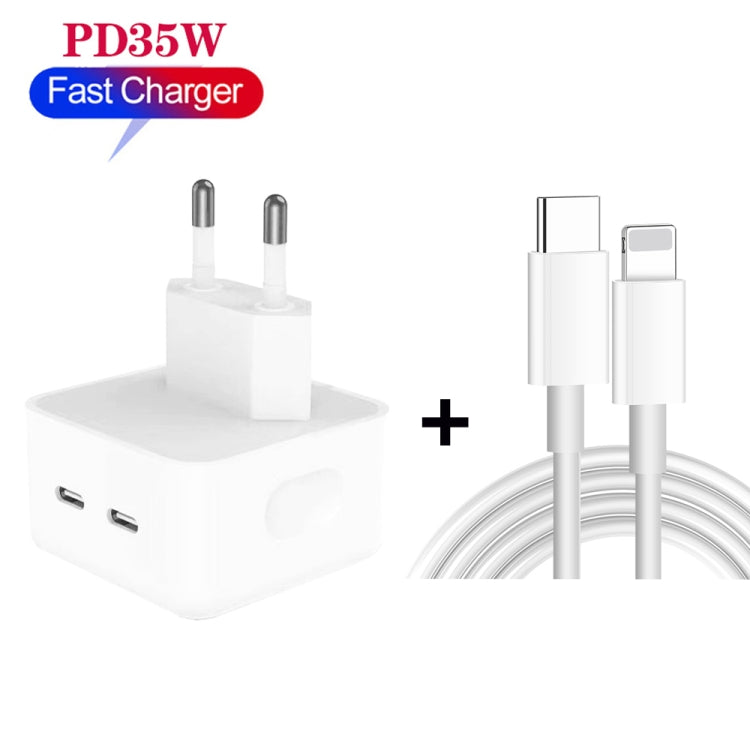 PD 35W Dual USB-C / Type-C Ports Charger with 1.5m Type-C to 8 Pin Data Cable, EU Plug