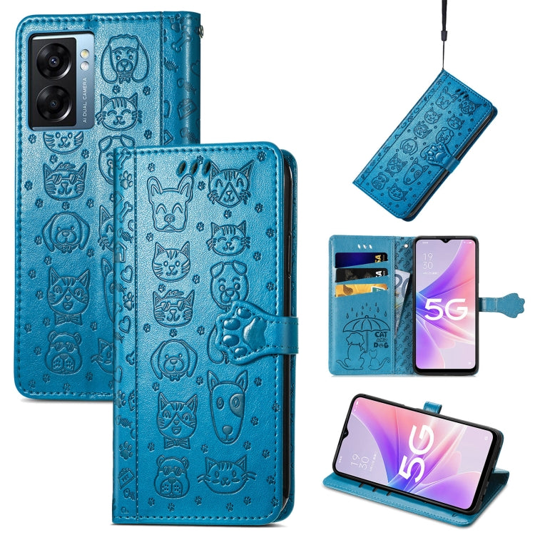 For OPPO A57 5G Cute Cat and Dog Embossed Horizontal Flip Leather Case(Blue)