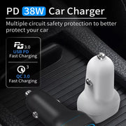 38W PD20W + QC3.0 USB Car Charger with USB to Type-C Data Cable, Length: 1m(White)