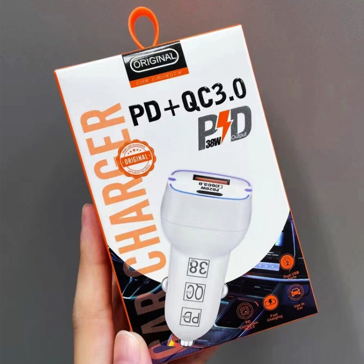 38W PD20W + QC3.0 USB Car Charger with USB to Type-C Data Cable, Length: 1m(White)
