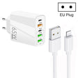 65W Dual PD Type-C + 3 x USB Multi Port Charger with 3A USB to 8 Pin Data Cable, EU Plug(White) - USB Charger by PMC TechLife | Online Shopping South Africa | PMC TechLife | Buy Now Pay Later Mobicred