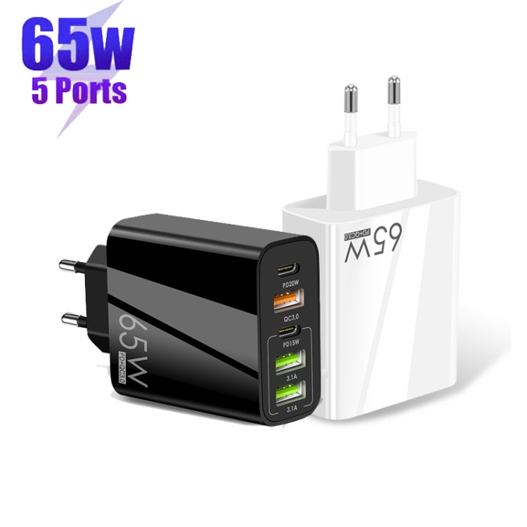65W Dual PD Type-C + 3 x USB Multi Port Charger with 3A USB to 8 Pin Data Cable, EU Plug(White)