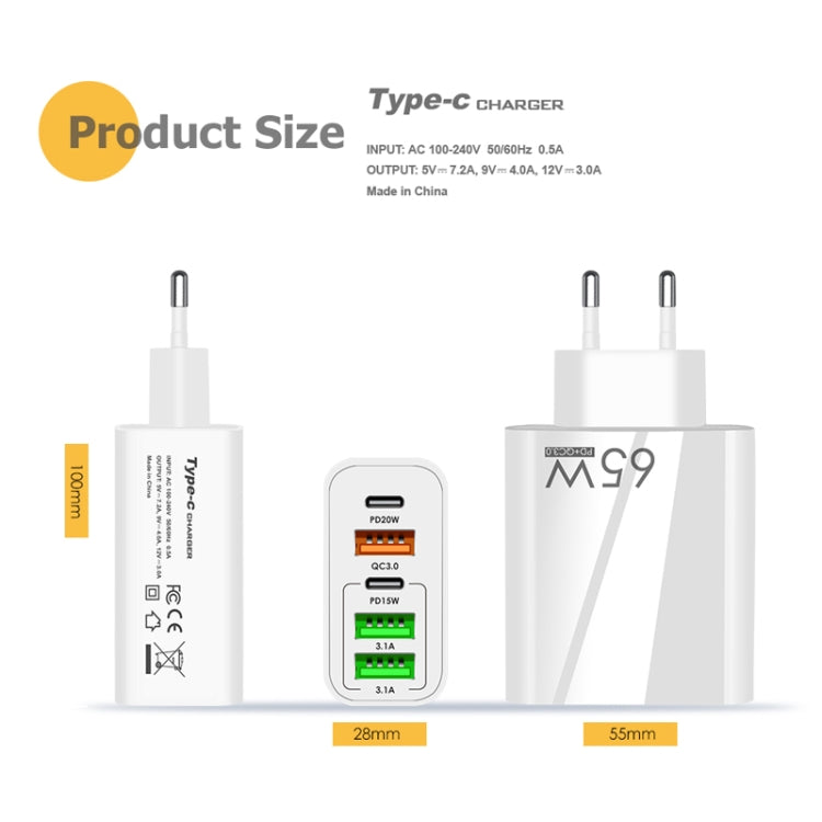 65W Dual PD Type-C + 3 x USB Multi Port Charger with 3A USB to 8 Pin Data Cable, EU Plug(White)
