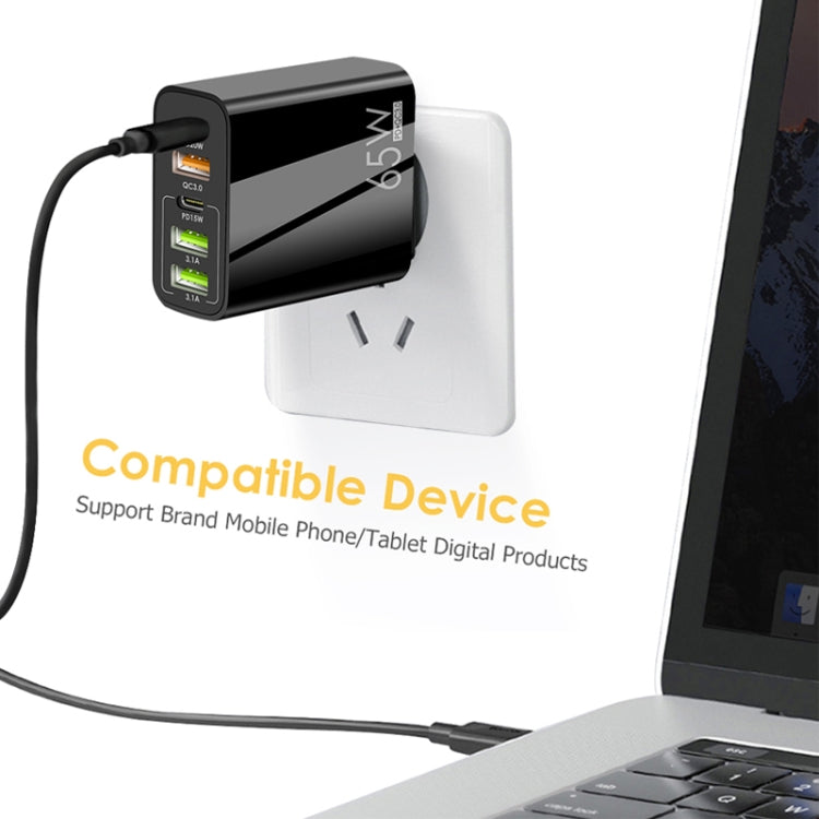 65W Dual PD Type-C + 3 x USB Multi Port Charger with 3A USB to 8 Pin Data Cable, EU Plug(White)