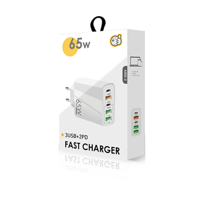 65W Dual PD Type-C + 3 x USB Multi Port Charger with 3A USB to 8 Pin Data Cable, EU Plug(White)