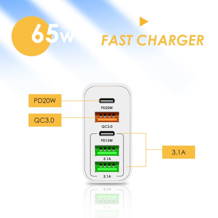 65W Dual PD Type-C + 3 x USB Multi Port Charger with 3A USB to Micro USB Data Cable, EU Plug(White)