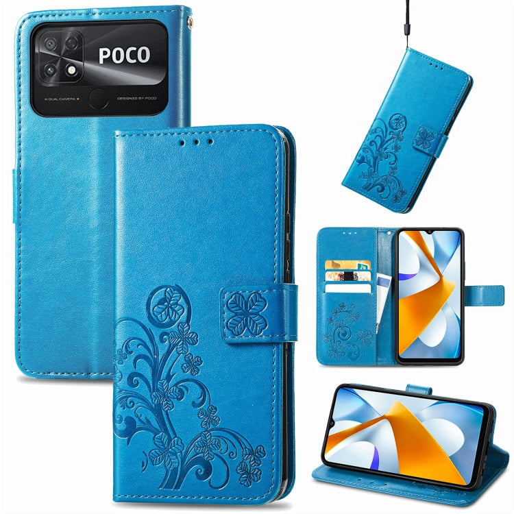 For Xiaomi Poco C40 Four-leaf Clasp Embossed Buckle Leather Phone Case(Blue)