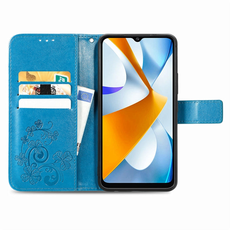 For Xiaomi Poco C40 Four-leaf Clasp Embossed Buckle Leather Phone Case(Blue)