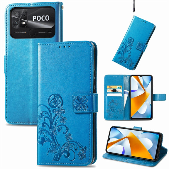 For Xiaomi Poco C40 Four-leaf Clasp Embossed Buckle Leather Phone Case(Blue)