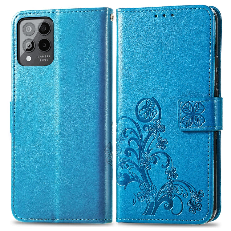 For T-Mobile Revvl 6 Pro 5G Four-leaf Clasp Embossed Buckle Leather Phone Case(Blue)