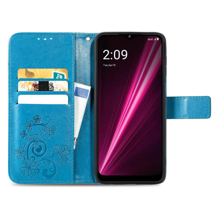 For T-Mobile Revvl 6 Pro 5G Four-leaf Clasp Embossed Buckle Leather Phone Case(Blue)