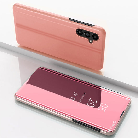 For Samsung Galaxy A14 5G Plated Mirror Horizontal Flip Leather Case with Holder(Rose Gold)