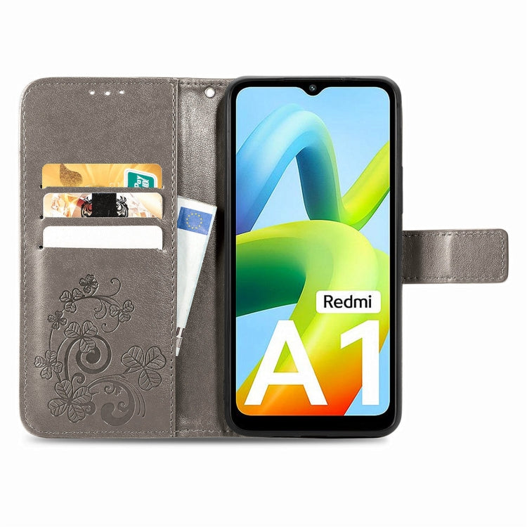 For Xiaomi Redmi A1 Four-leaf Clasp Embossed Buckle Leather Phone Case(Gray)