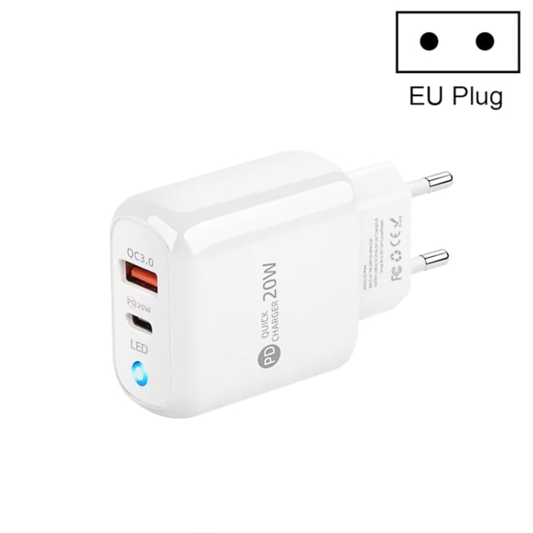 PD04 PD20W Type-C + QC18W USB Mobile Phone Charger with LED Indicator, EU Plug(White)