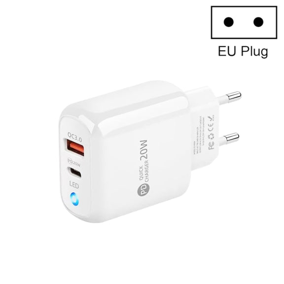 PD04 PD20W Type-C + QC18W USB Mobile Phone Charger with LED Indicator, EU Plug(White)