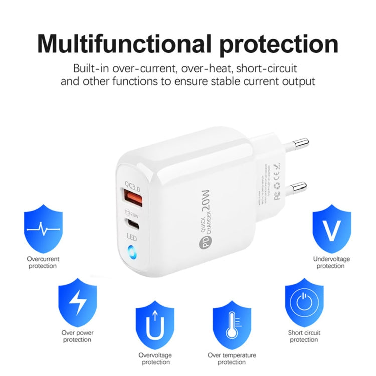 PD04 PD20W Type-C + QC18W USB Mobile Phone Charger with LED Indicator, EU Plug(White)