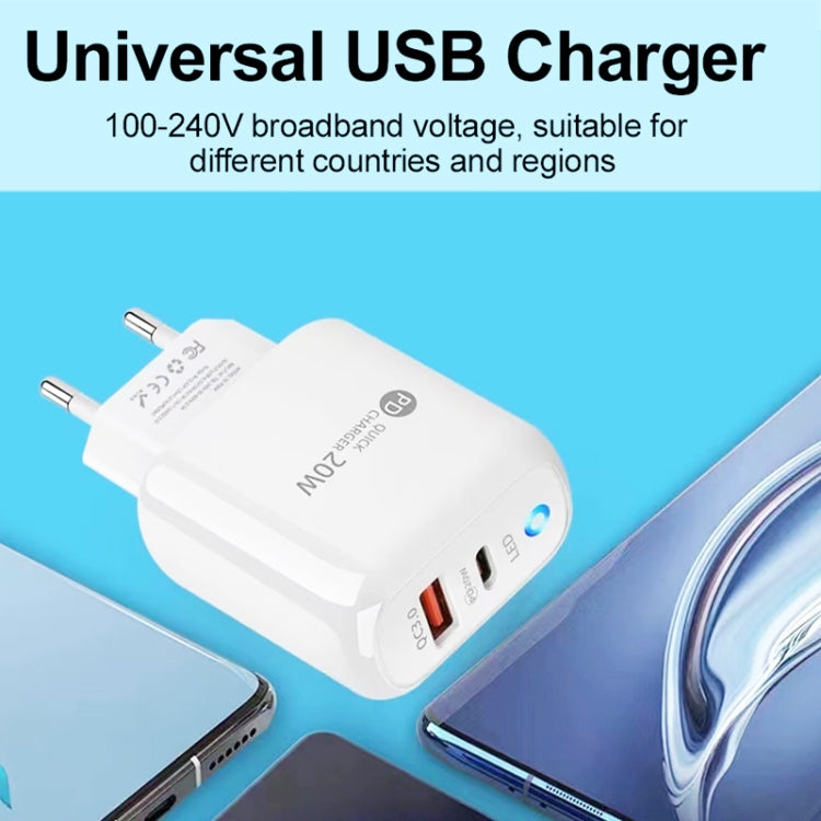 PD04 PD20W Type-C + QC18W USB Mobile Phone Charger with LED Indicator, EU Plug(White)