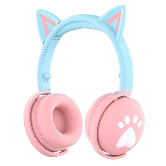 KE28 RGB Cute Cat Ears Bluetooth Wireless Music Headset with Detachable Mic(Pink+Blue)