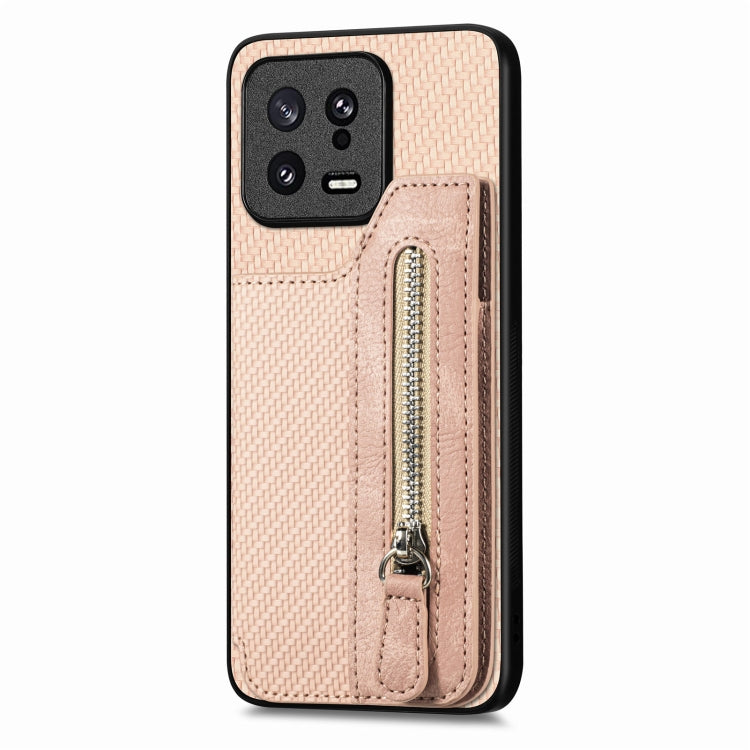 For Xiaomi 13 Carbon Fiber Flip Zipper Wallet Phone Case(Khaki)
