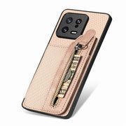 For Xiaomi 13 Carbon Fiber Flip Zipper Wallet Phone Case(Khaki)