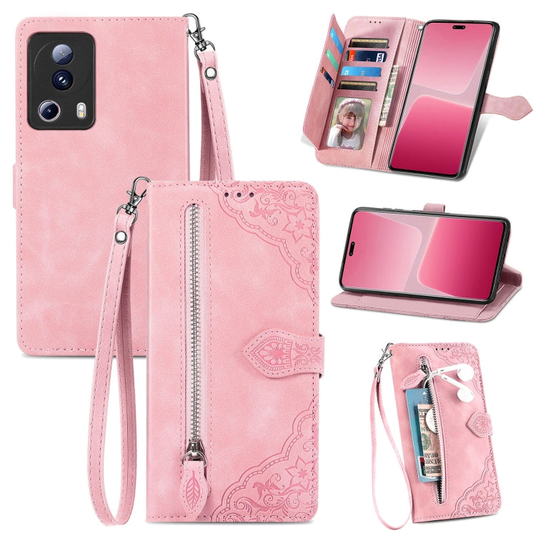 For Xiaomi 13 Lite Embossed Flower Zipper Leather Phone Case(Pink)